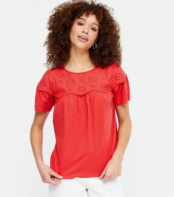 Red Broderie Panel T-Shirt | New Look